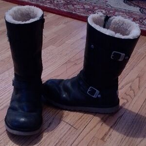 UGG Black Leather Winter Boots With Sheep Wool Lining